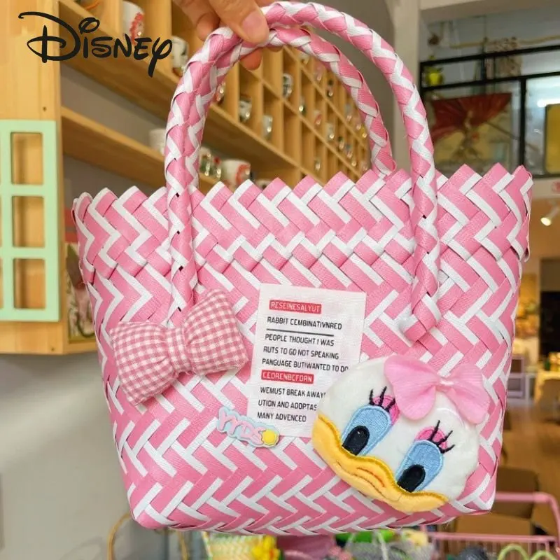 Disney New Women's Handbag Fashionable High Quality Handwoven Vegetable Basket Bag Popular Cute Cartoon Leisure Beach Bag