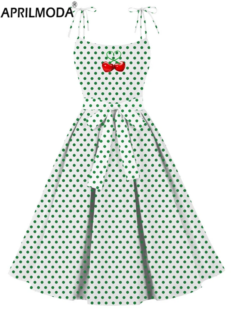 

2024 Spaghetti Straps Sweet Vintage Women's 50s 60s Pleated Dress Polka Dot Print A Line Swing Rockabilly Runway Dress with Belt
