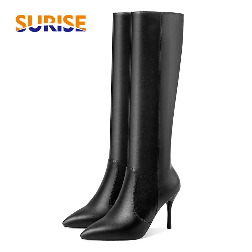 Big Size Women Knee High Boots Black White PU Thin Stiletto Heel Sexy Club Party Office Lady Pointed Toe Plush Zipper Long Boots
