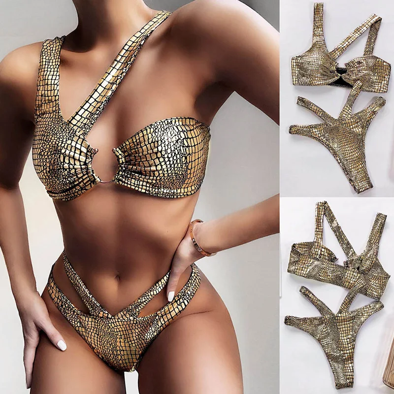

Сексуальный блестящий купальник с высокими штанинами, женский купальник, комплект бикини из двух предметов, купальный костюм