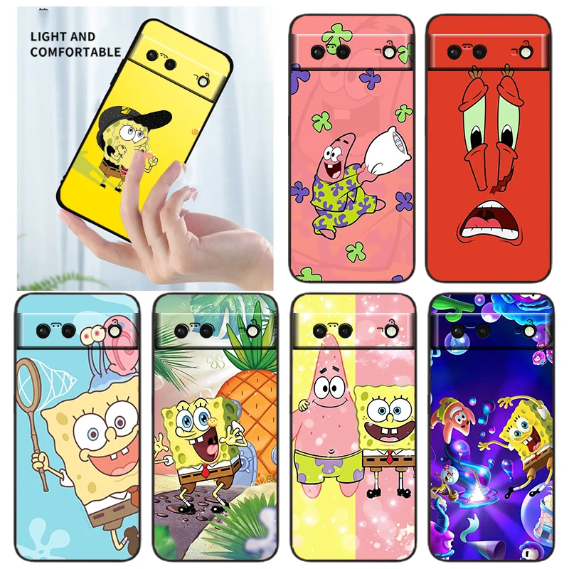 

Anime SpongeBob Patrick Art Phone Case For Google Pixel 7 6 Pro 6A 5A 5 4 4A XL 5G Black Shell Soft TPU Cover Fundas Coque