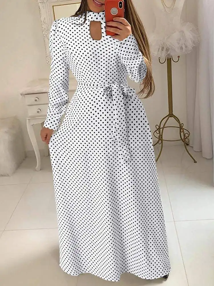 

2022 Elegant Party Dress Polka Dots Vestidos ZANZEA Women Fashion Dresses Spring Long Sleeve Casual Belted Hollow Out Robe Femme