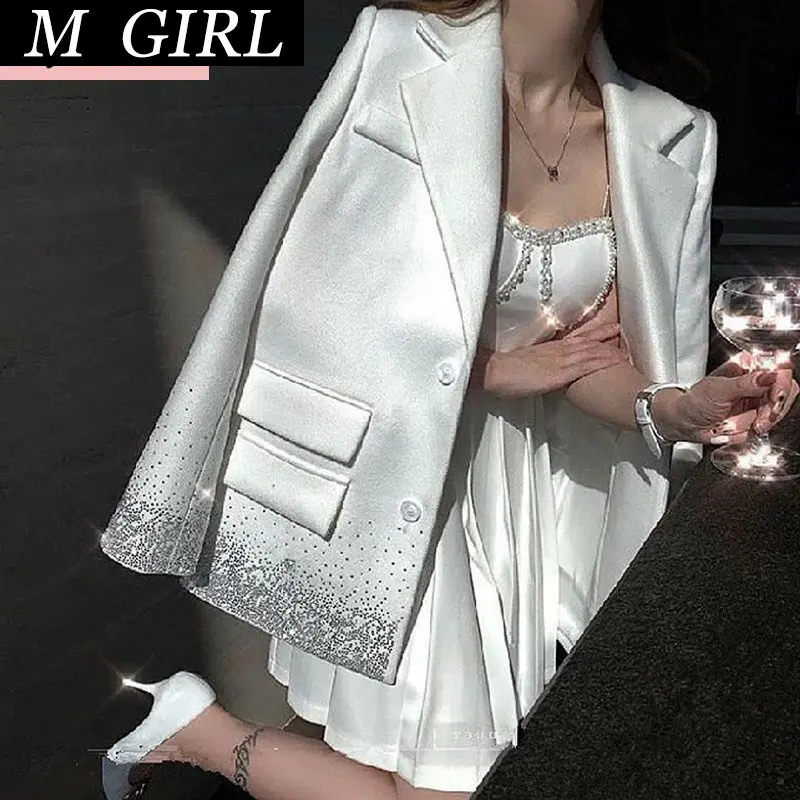 

M GIRLS Autumn New High Quality Diamond Long Sleeve Outerwear Women + Pleated Strap Sleeveless Mini Dress Two-Piece Sets