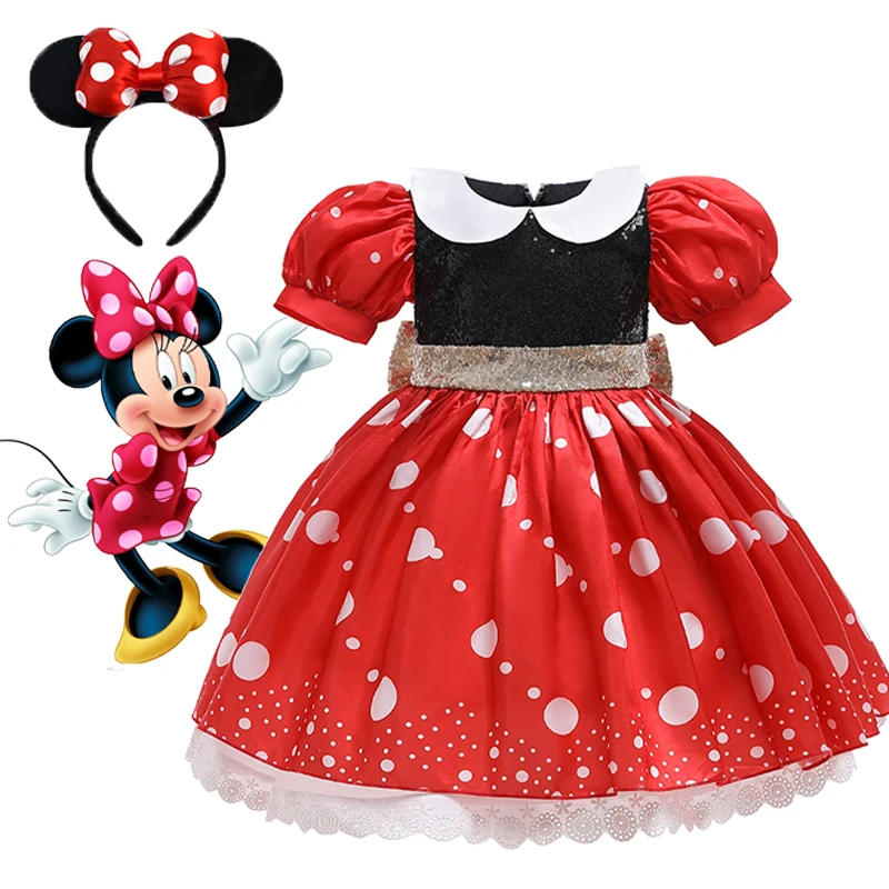 Kids' Mickey Minnie Dress Girls Cosplay Cartoon Costume Summer Short Sleeve Polka Dot Puff Sleeve Princess Dress Children Clothi