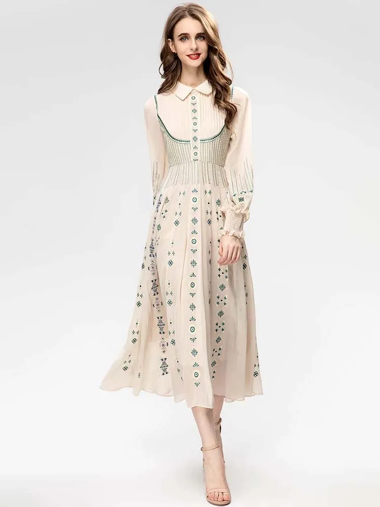 MoaaYina Fashion Designer dress Spring Women's Dress Turn-down Collar Lantern Long Sleeve Embroidery Dresses