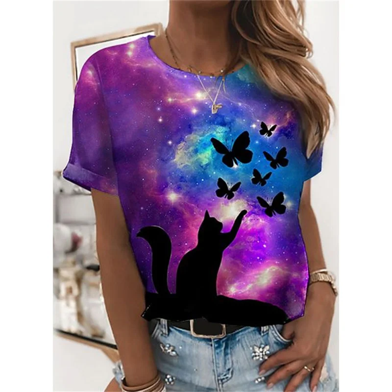 

Женская хлопковая футболка с коротким рукавом, круглым вырезом и принтом