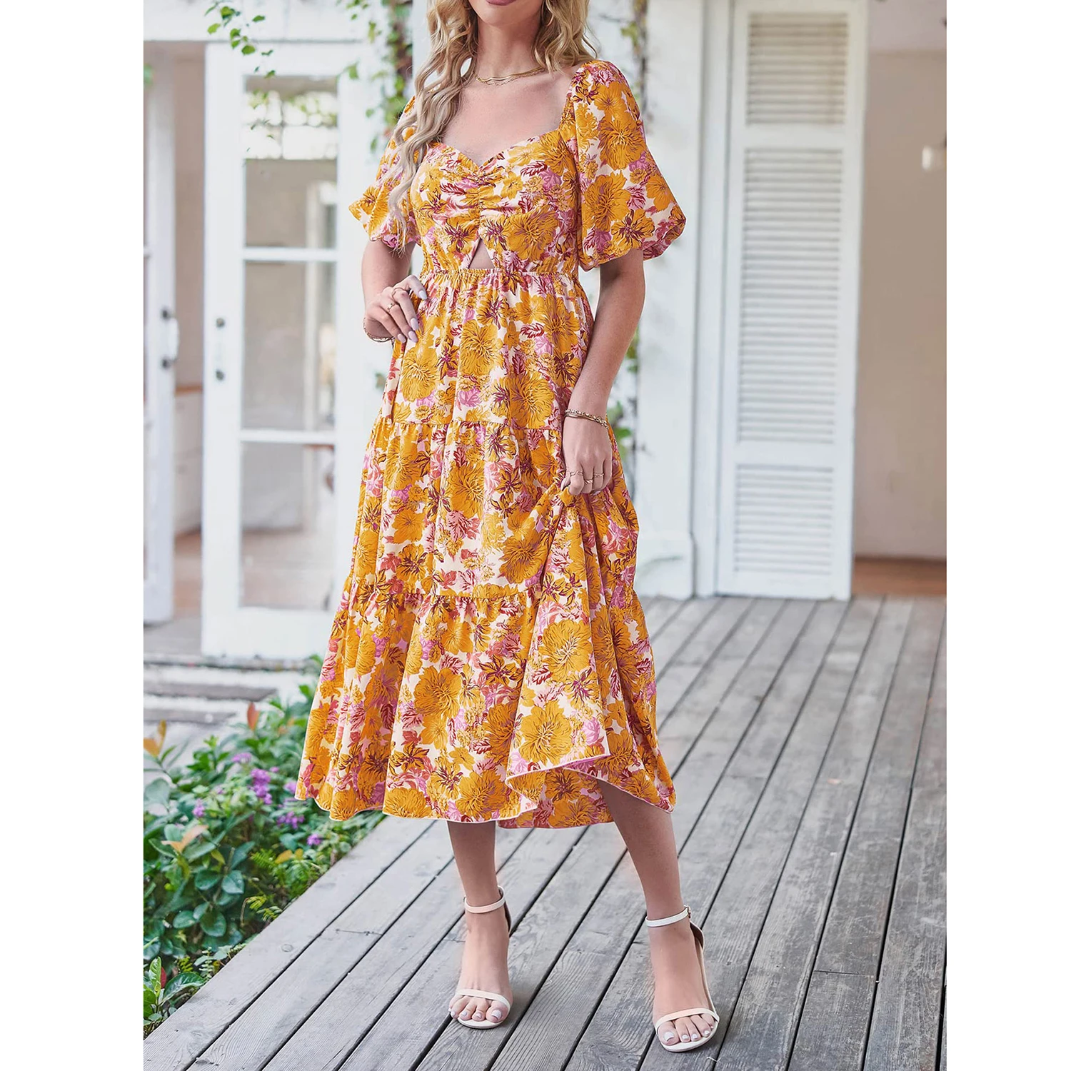 Женское богемное платье с цветочным принтом ТРАПЕЦИЕВИДНОЕ ПЛАТЬЕ средней длины