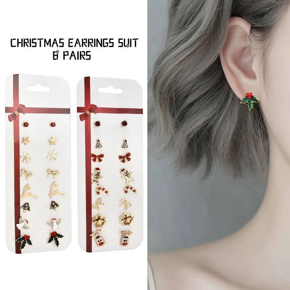 

8 Pairs Stud Earrings Set Crystal Jewelry Christmas Tree Elk Snowman Deer Xmas Ornanment Ear Studs Women Gifts