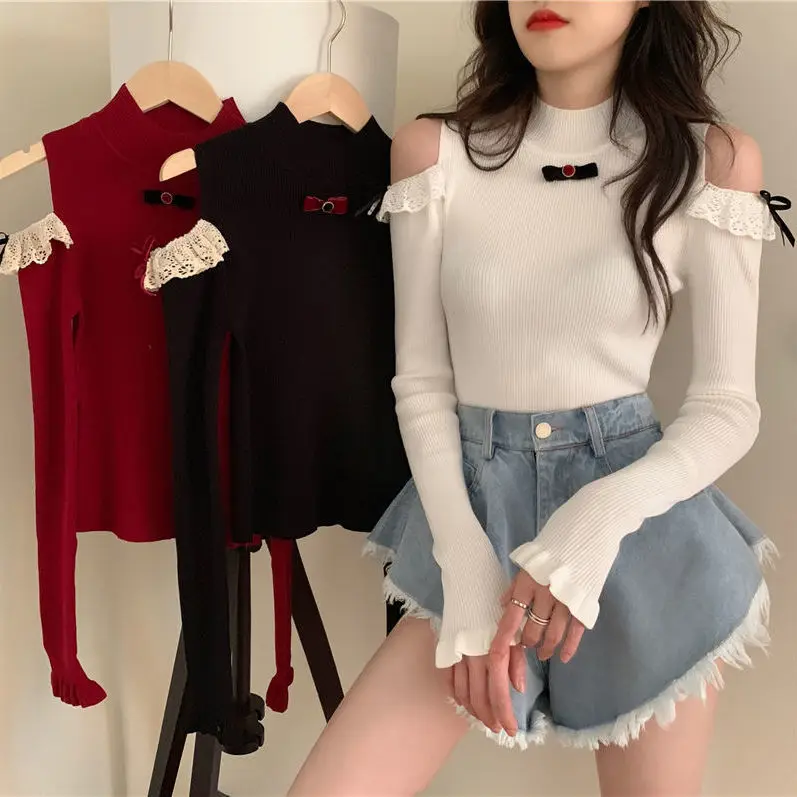 

Woman Sweaters Lace Bow Hollow out Shoulder-Baring Sweater Slim Top Femme Chandails Pull Hiver