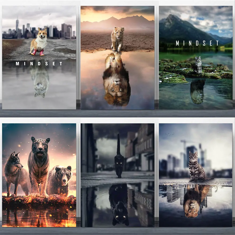 

Print Canvas Art Framed Wall Pictures Cat Lion Dog Wolf Self Improvement Painting Strive for Success Encouragement Poster