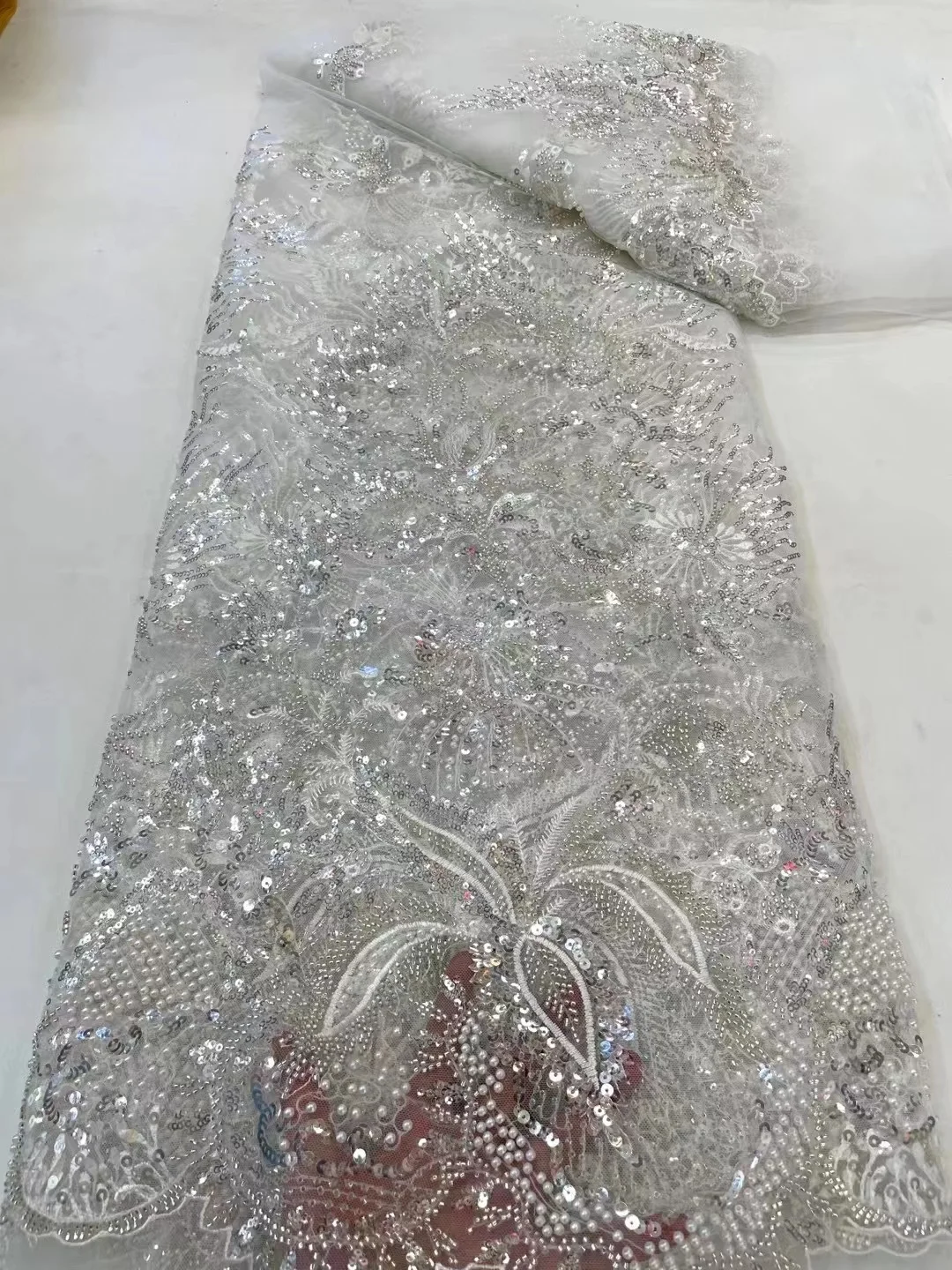 

Heavy Silver Sequins Lace Fabric With Bead Embroidery For Bridal Dress Luxury Evening Dress French Lace 5 yards Nigeria PL226-5