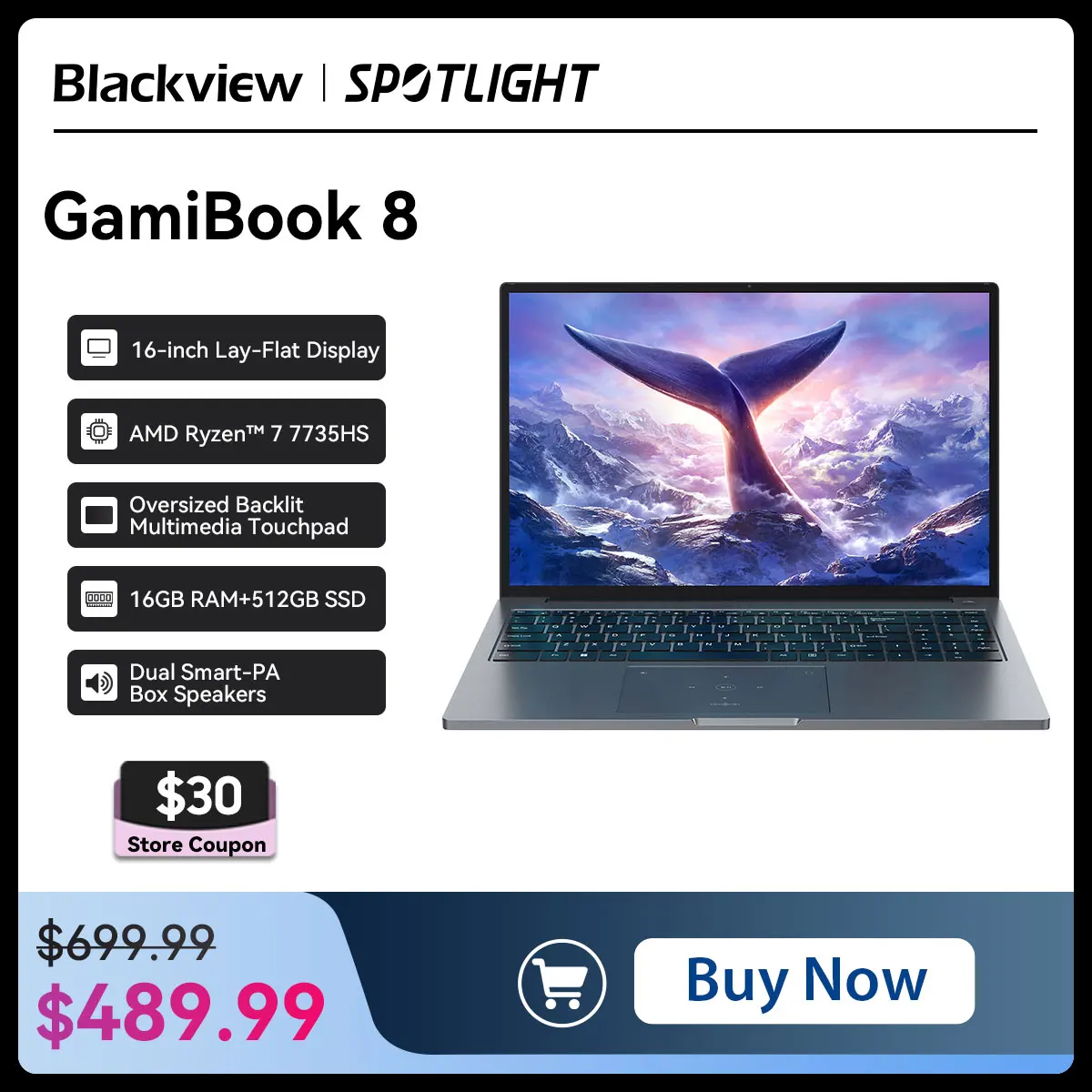 Фото Ноутбук Blackview GamiBook 8 с диагональю 16 дюймов, 1920*1200, дисплей AMD Ryzen ™   7 7735HS Процессор 57 Втч Аккумулятор 65 Вт Быстрая зарядка Win11pro Wi-Fi 6 №1
