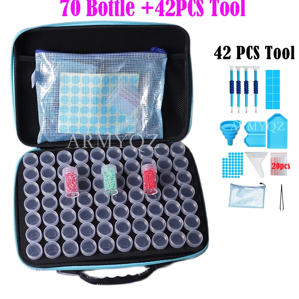 

Ящики для хранения алмазной живописи 5d, 70 ячеек, контейнер для хранения бисера с алмазными 5D аксессуарами для творчества и 42 шт. инструментов, новинка 2022