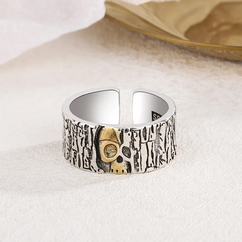 

Мужское кольцо на указательный палец, золотистое кольцо с разрезом в виде головы черепа в стиле ретро, украшение в виде тайского серебристого дерева в стиле панк, ювелирные изделия