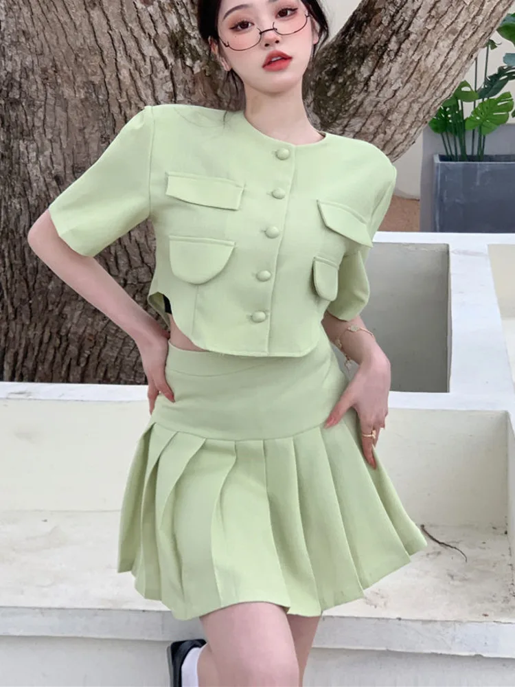 

Small Fragrance Two Piece Set Women Jacket Coat Crop Top + Pleated Skirt Sets Sweet 2 Piece Suits Fashion Sexy Outfits For Woman