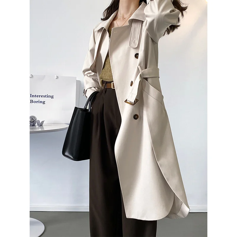 

Женский Осенний Тренч с поясом, элегантный тренчкот с отложным воротником и высокой талией, уличная одежда, 2021