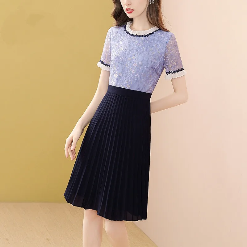 

COIGARSAM Women's Summer Dress 2022 New Vintage Patchwork Short Sleeve Lace O-Neck Color Matching Dresses Dropshipping