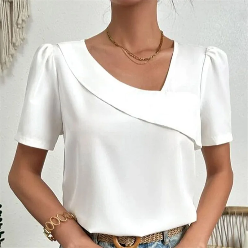 

Summer Fashion Skew V Neck Shirt Elegant Short Sleeve Office Lady Blouse Pullover Vintage Female Harajuku Tops Blusa for Women