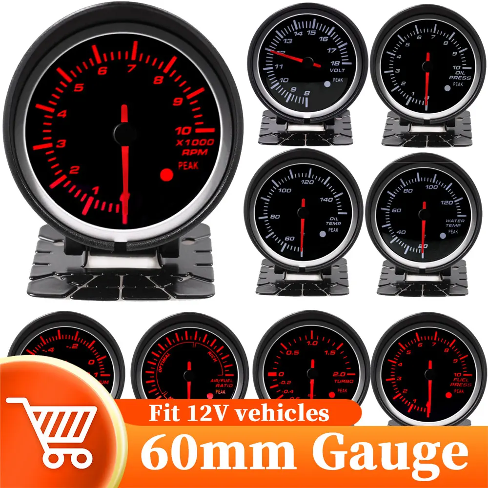 

60mm Volt Water Temp Oil Temp Oil Press Gauge Tachometer RPM Vacuum Boost Ext Temp Air/fuel Ratio Auto Gauge Meter Fit 12V Car