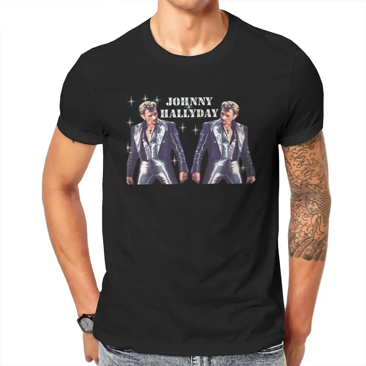 

Johnny Hallyday Rock Music French Singer T-Shirts Men Humor Cotton Tees Round Neck Short Sleeve T Shirts Plus Size Clothing