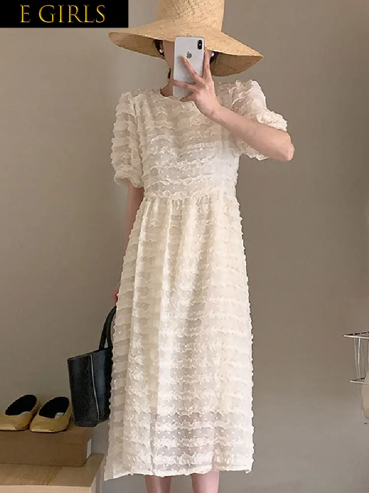 

E GIRLS Woman Dress Korea Chic Summer French Elegant Round Neck Heavy Side Splicing Waist Thin Bubble Sleeve Long Dress Female