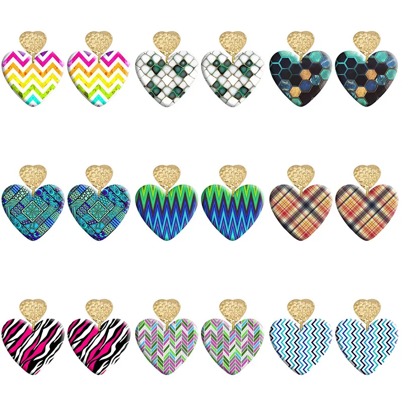 

Striped Lattice Love Acrylic Heart Hook Earrings For Women Piercing Ear Drop Dangle Jewelry R2050