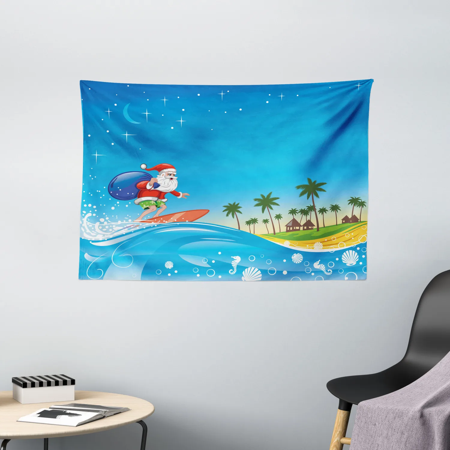 Christmas Tapestry Surfing Santa on a Wave Cartoon Satin Fabric Wall Hanging for Bedroom Living Room Dorm Meeting Background |
