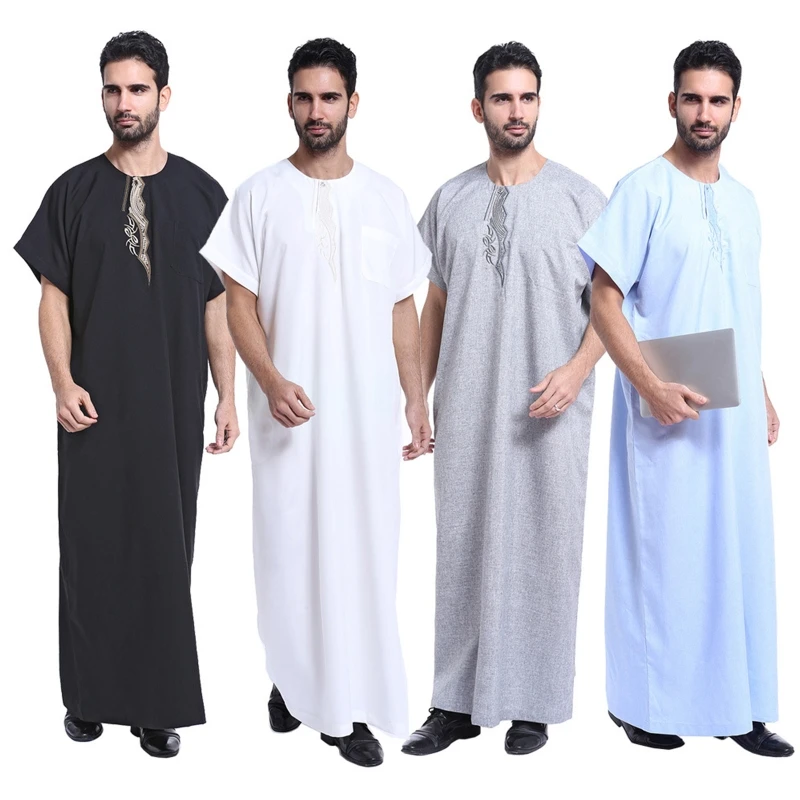 

H9ED Vintage Simple Muslim Dress Caftan Robe Short Sleeve Stand Collar Jubba Thobe Man Leisure Dress Thobe Islamic Clothing