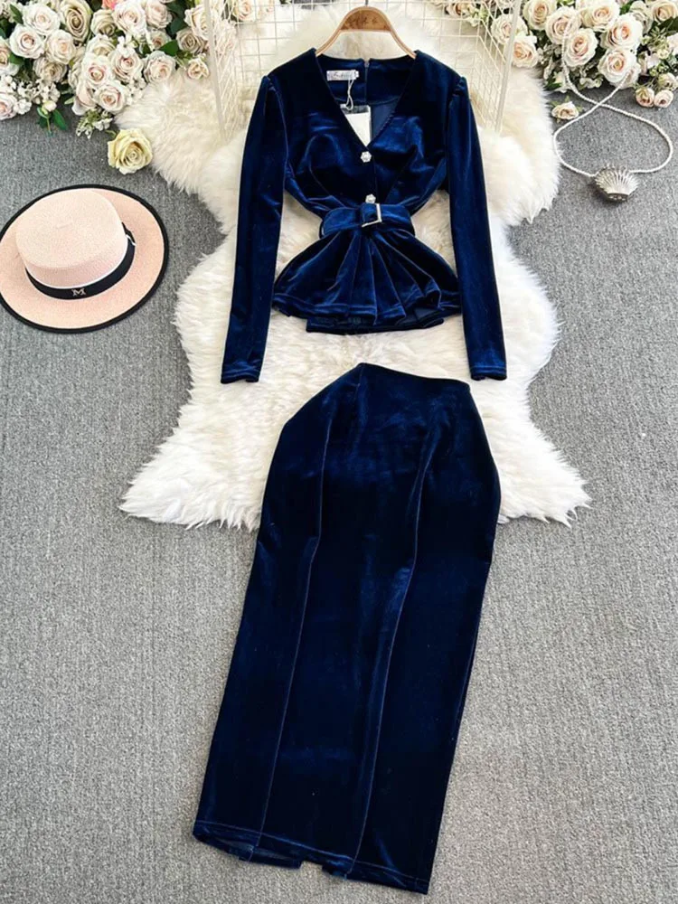 Элегантные черные бархатные юбки для женщин повседневные топы с v-образным