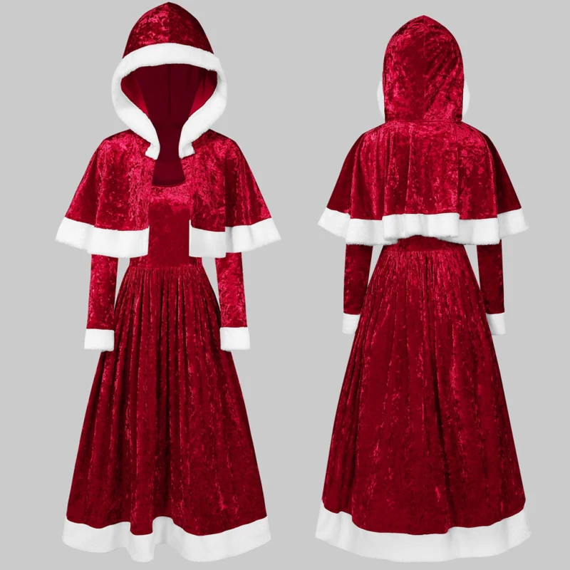 

Miss Santa Claus Cosplay Costume Dress Red 2pcs Long-Sleeved A-Line Dress Hooded Shawl Suit Christmas Party Outfits For Women