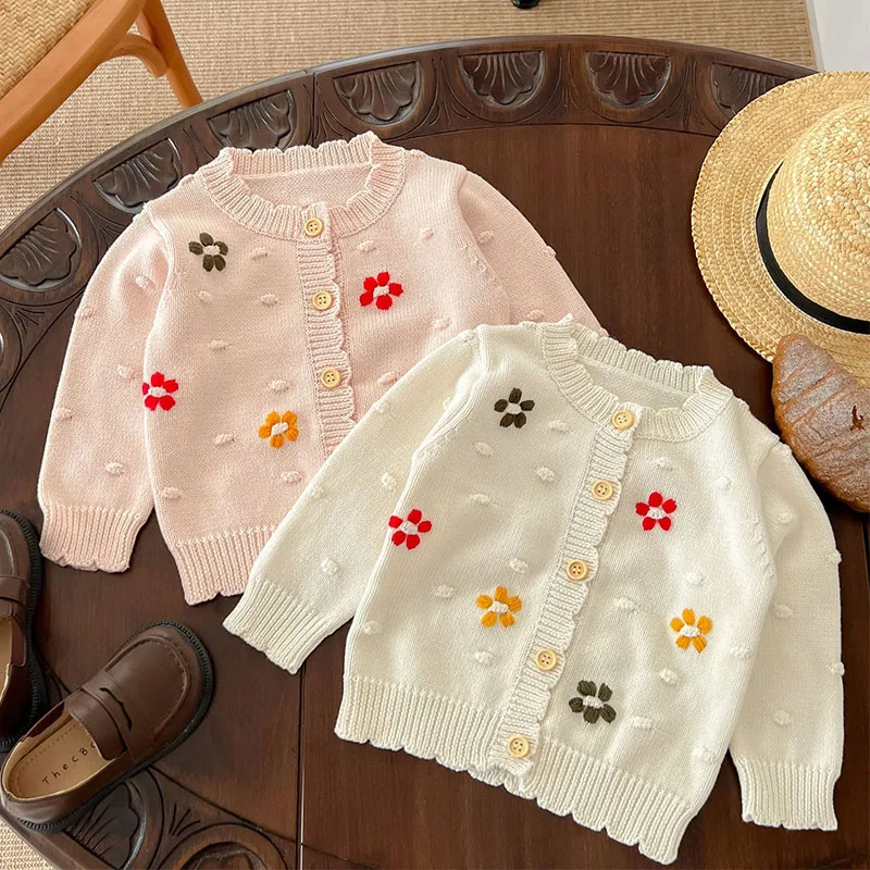 

Korean Style Baby Girls Embroidered Flowers Coat Knitted Newborn Baby Girls Long Sleeves Cardigan Spring Knitted Baby Girl Coat