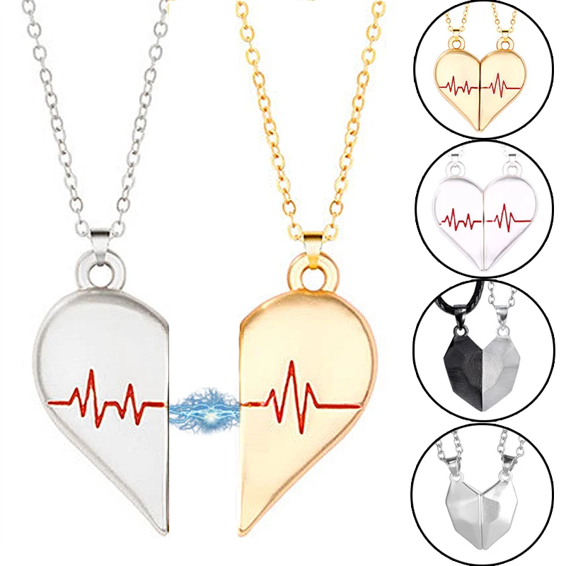 

Metal Heart Magnetic Pendant Necklace Men Women Couple Matching Choker ECG Romantic Jewelry Clavicle Chain Necklaces Accessories