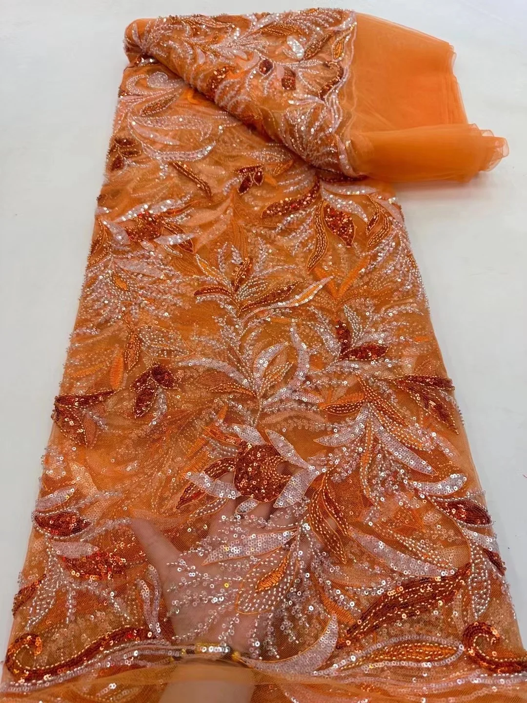 

Luxury Orange African Heavy Beaded Wedding Lace Fabric 2023 High Quality Nigerian Sequins French Tulle Fabric For Party Dress