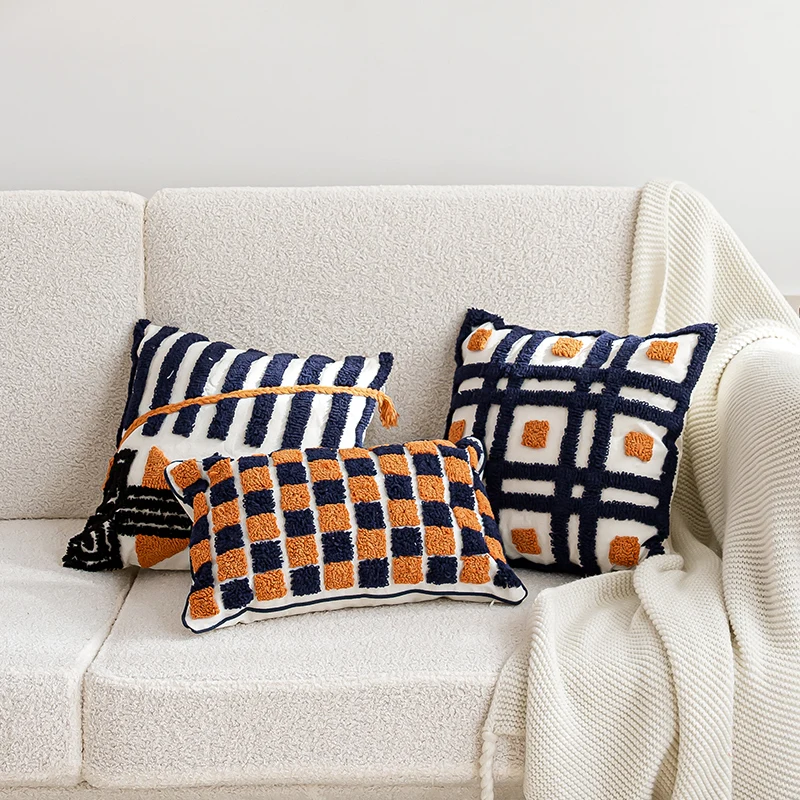 

100% Cotton Square Cushion Cover Checkered Pattern Pillow Sham Geometric Style Throw\Lumbar Pillow Terry Cloth Pillowcace