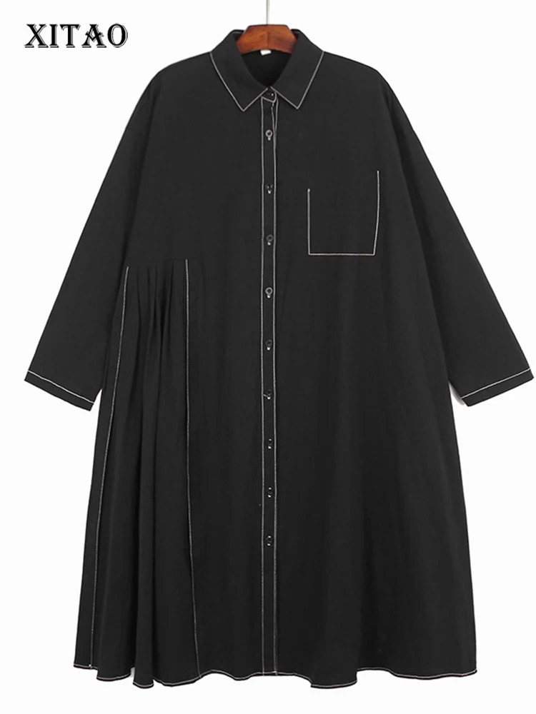 

XITAO Pleated Dress False Pocket Full Sleeve Black Goddess Fan Casual Style 2022 Autumn Minority Loose Elegant Dress ZY8056