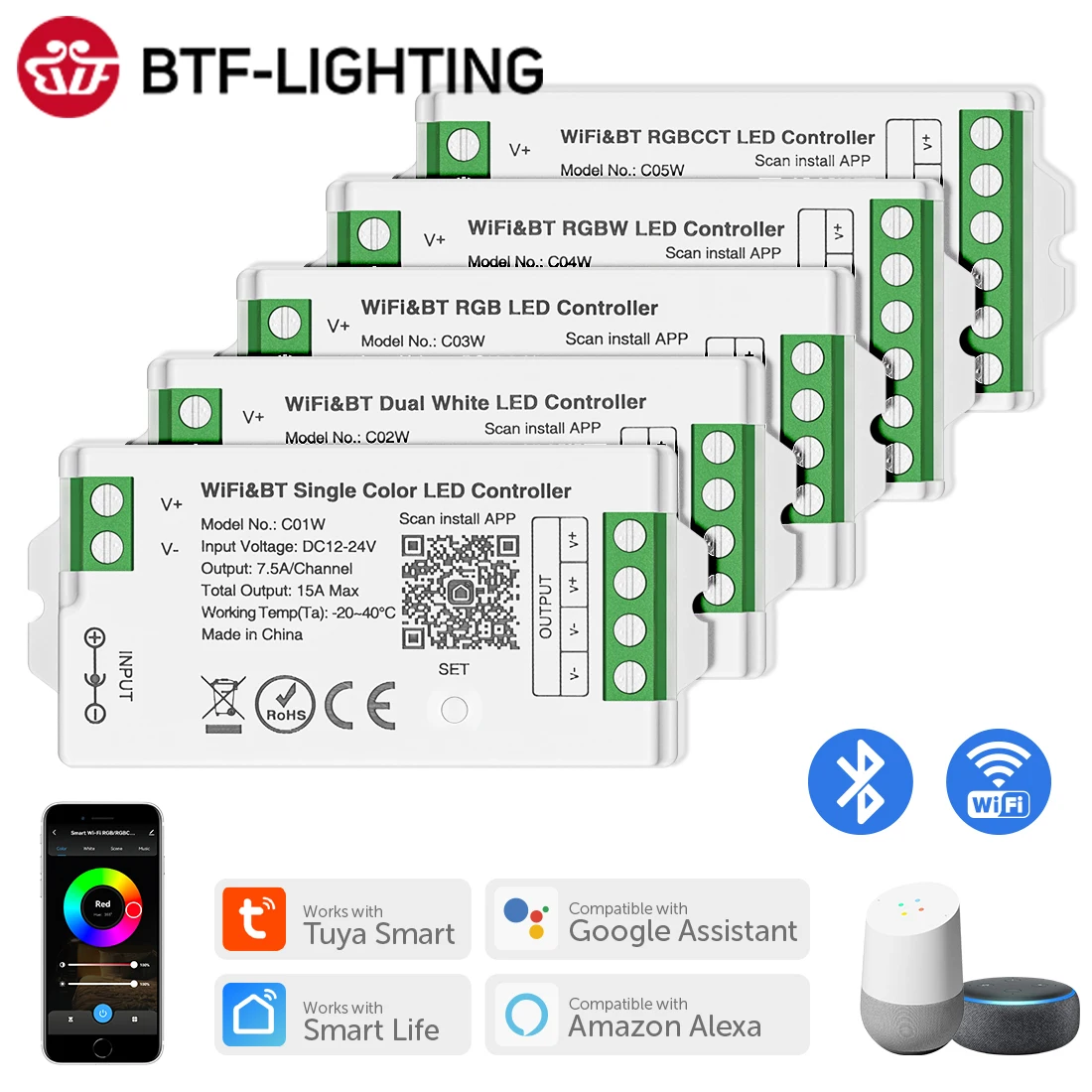 Smart LED Controller Tuya WiFi Alexa Google Home Bluetooth Voice CCT RGB RGBW Dimmer LED Light Strip IOS Android 2.4G DC12V 24V