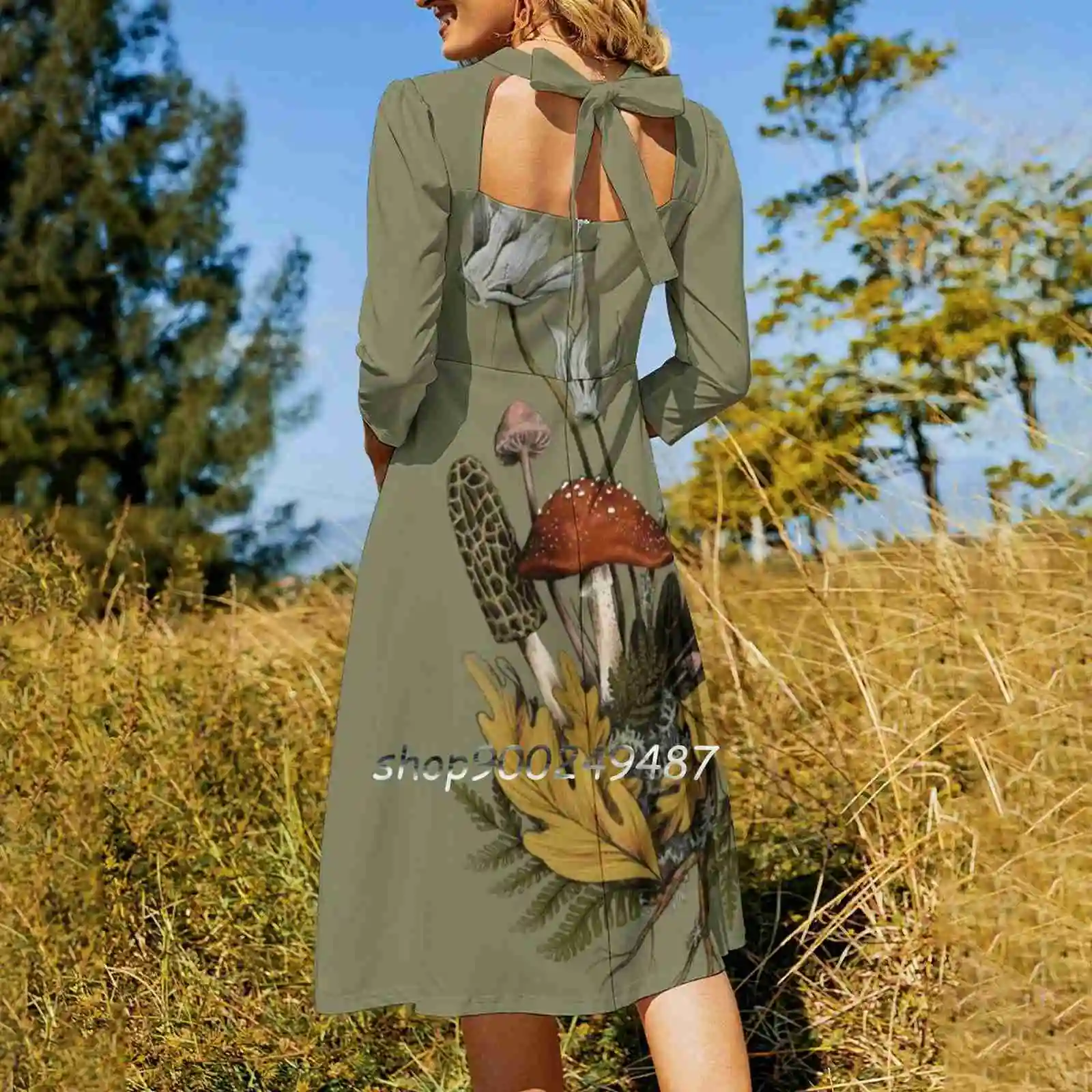 Autumnal Mushroom Woodland Scene Sweetheart Knot Flared Dress Fashion Design Large Size Loose Flower Leaf