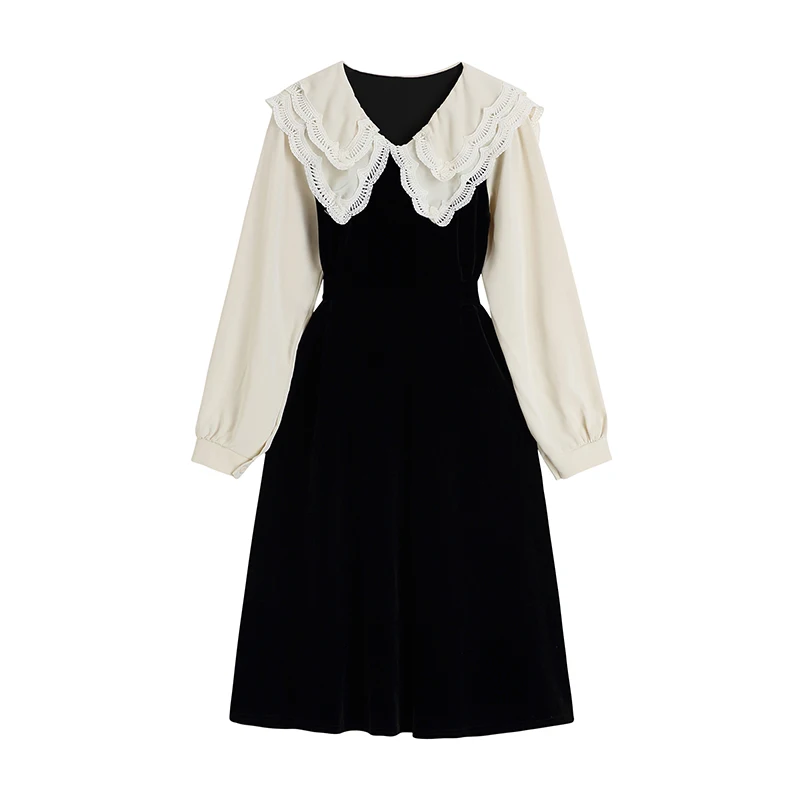

Женское бархатное платье с завышенной талией, элегантное черное платье средней длины в стиле пэчворк с воротником «Питер Пэн», трапециевидного силуэта, в винтажном французском стиле