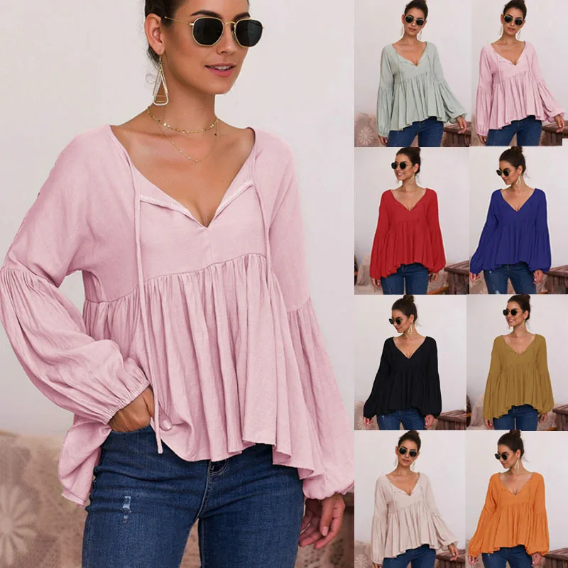 

Autumn Puff Sleeve Solid Color Top Winter Fashion V-Neck Loose Women's Top T-Shirt Casual Stitching Party Top T-Shirt
