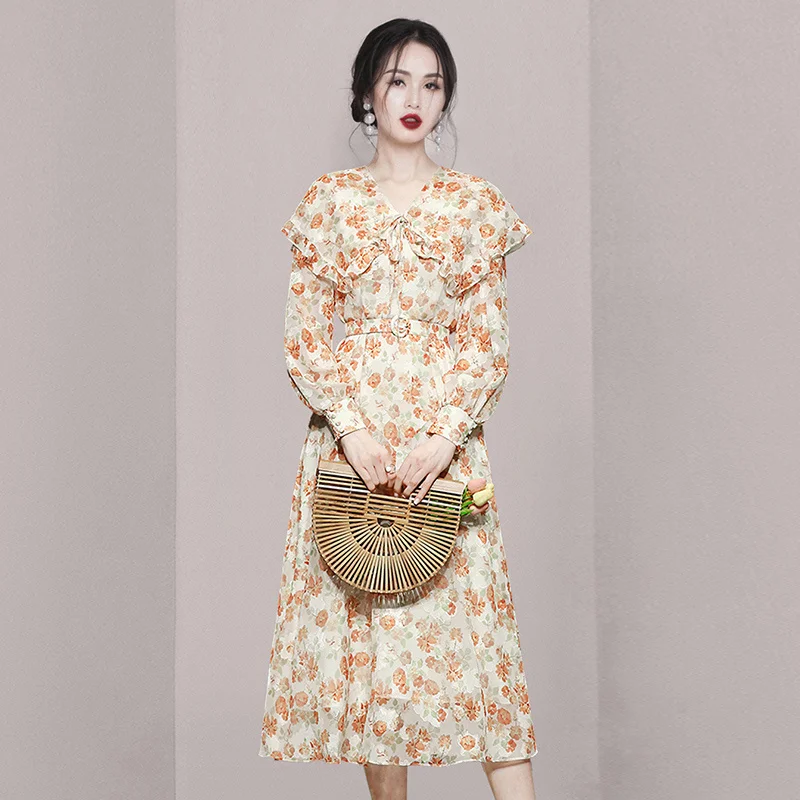 

Женское винтажное шифоновое платье-миди с поясом, длинным рукавом-фонариком и цветочным принтом