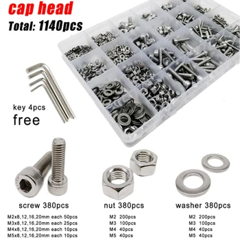 1140x 304 Stainless Steel Allen Hexagon Hex Socket Cap Button Flat Head Screw Bolt Nut Washer Set Assortment Kit M2/M3/M4/M5