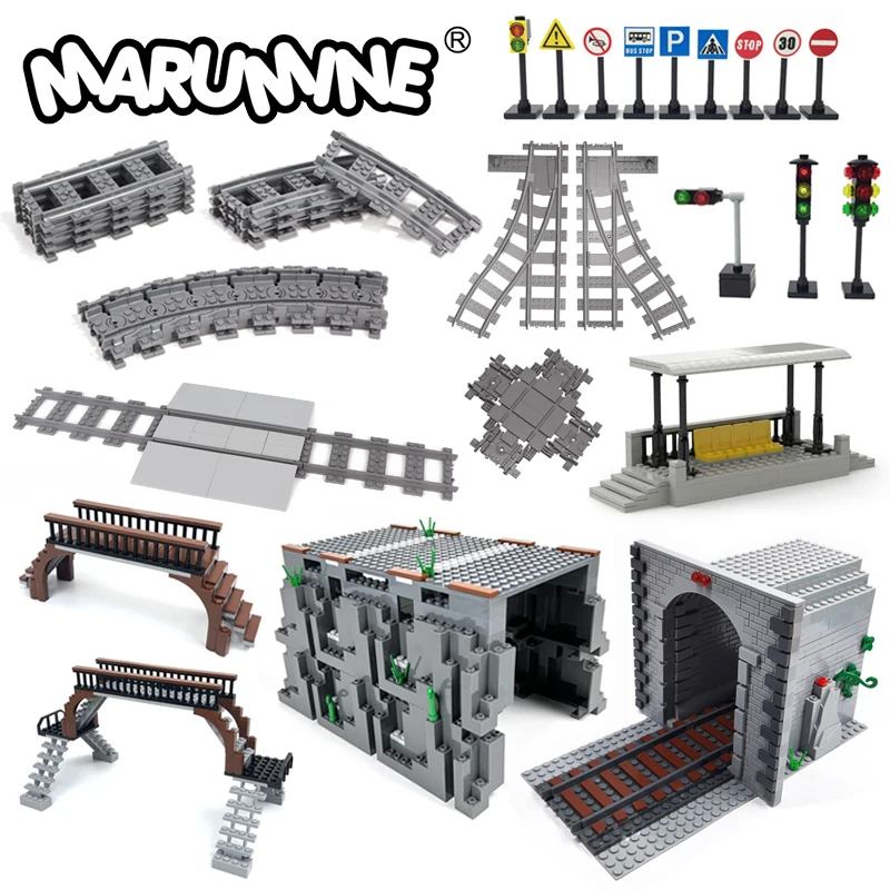 Marumine MOC City Train Railway Build Model Kit Soft Cruved Straight Tracks Traffic Light Tunnel compatibile 53401 Blocks Bricks
