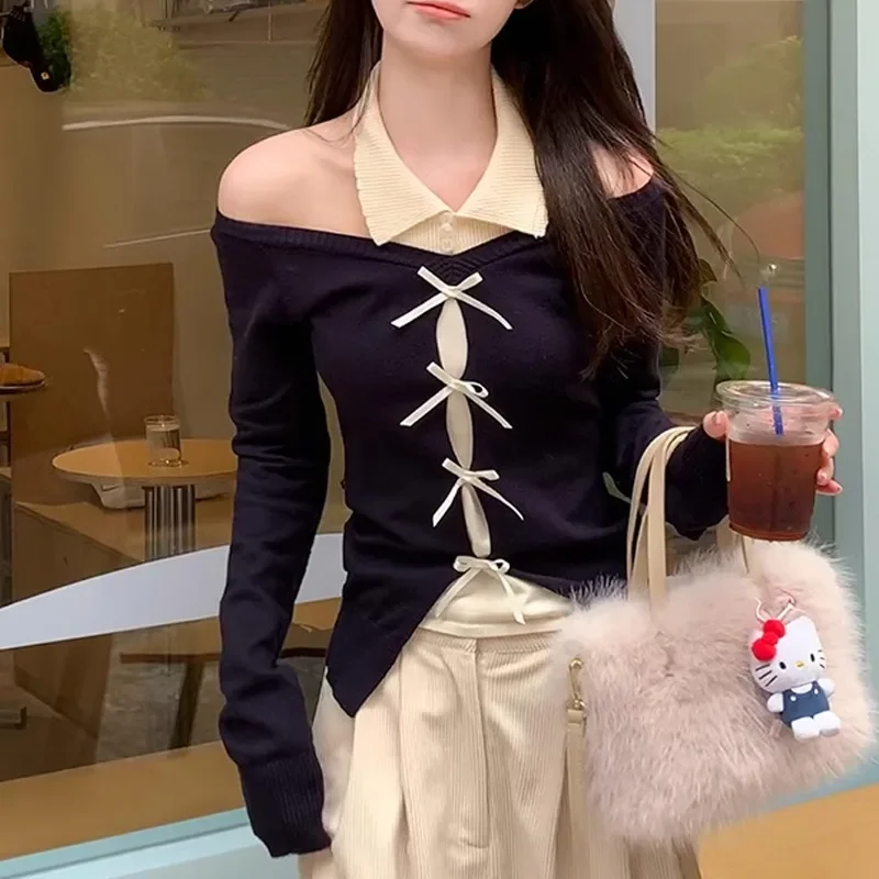 Новинка 2024 женский вязаный топ свитер с открытыми плечами куртка из двух