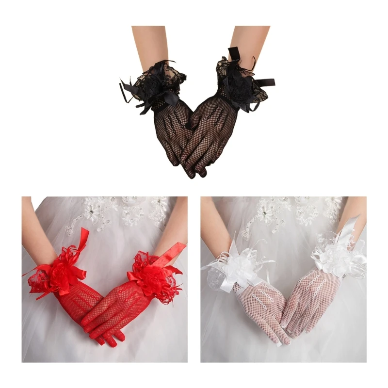 

Tea Party Gloves Sheer Short Mesh Gloves Flower Decor Bridal Lace Gloves