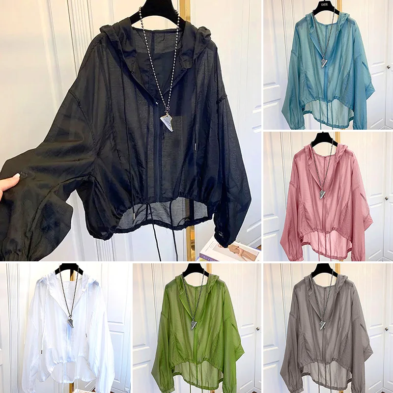 

Women Breathable Sunscreen See Through Lightweight Clothes Hooded Jacket Sun Protection Coats Zipper Up Summer Ultra-thin Loose