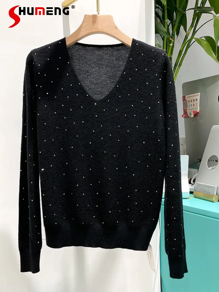 

Shiny Starry Hot Rhinestone Knitted Jumper Women Winter Elegant V-neck Loose Casual Sweater Top Female Solid Color Wool Sweater