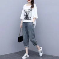 summer women fashion denim pants suit two piece set short sleeve t shirt tops jeans suits casual femme 2 piece sets e83