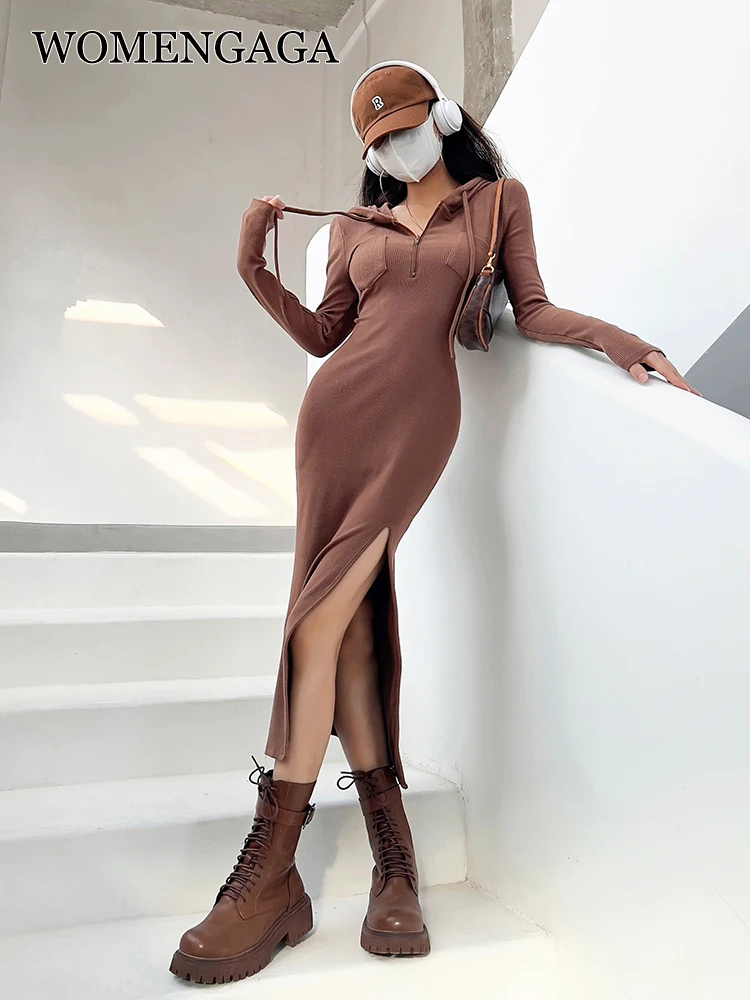 

Сексуальное Милое длинное платье с капюшоном, женское весенне-осеннее милое облегающее шерстяное свитшот с разрезом, модель 94WS