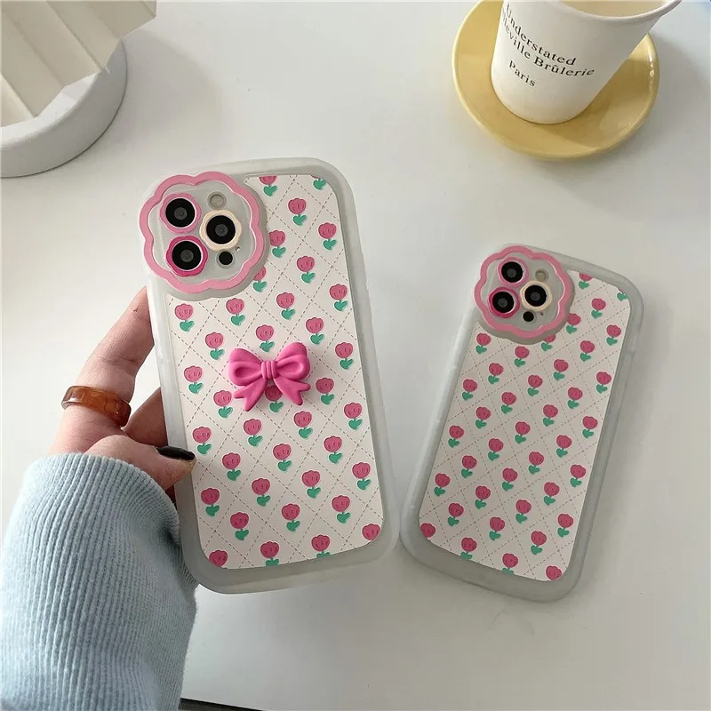 

cute Checkerboard Cherry Bow Small Flowers Female Soft Case For Iphone 11 12 13 Pro Max 7 8 Plus Xr X Xs Leather Cover Fundas