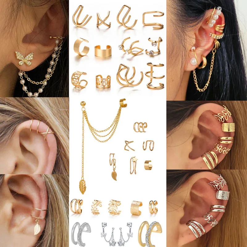 7PCS Clip On Ear Cuff Earrings Leaves Fake Cartilage Earrings Lot Non Piercing Clip On Earrings Set Earrings Women Jewelry Gift